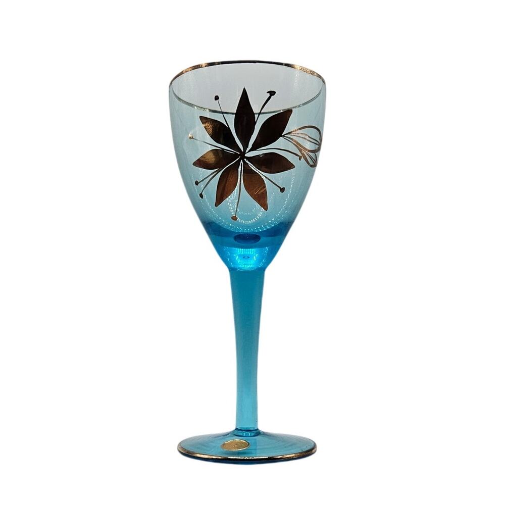 Vintage MCM Turquoise Blue Stem Wine Glasses Floral Gold Rim Set of 3